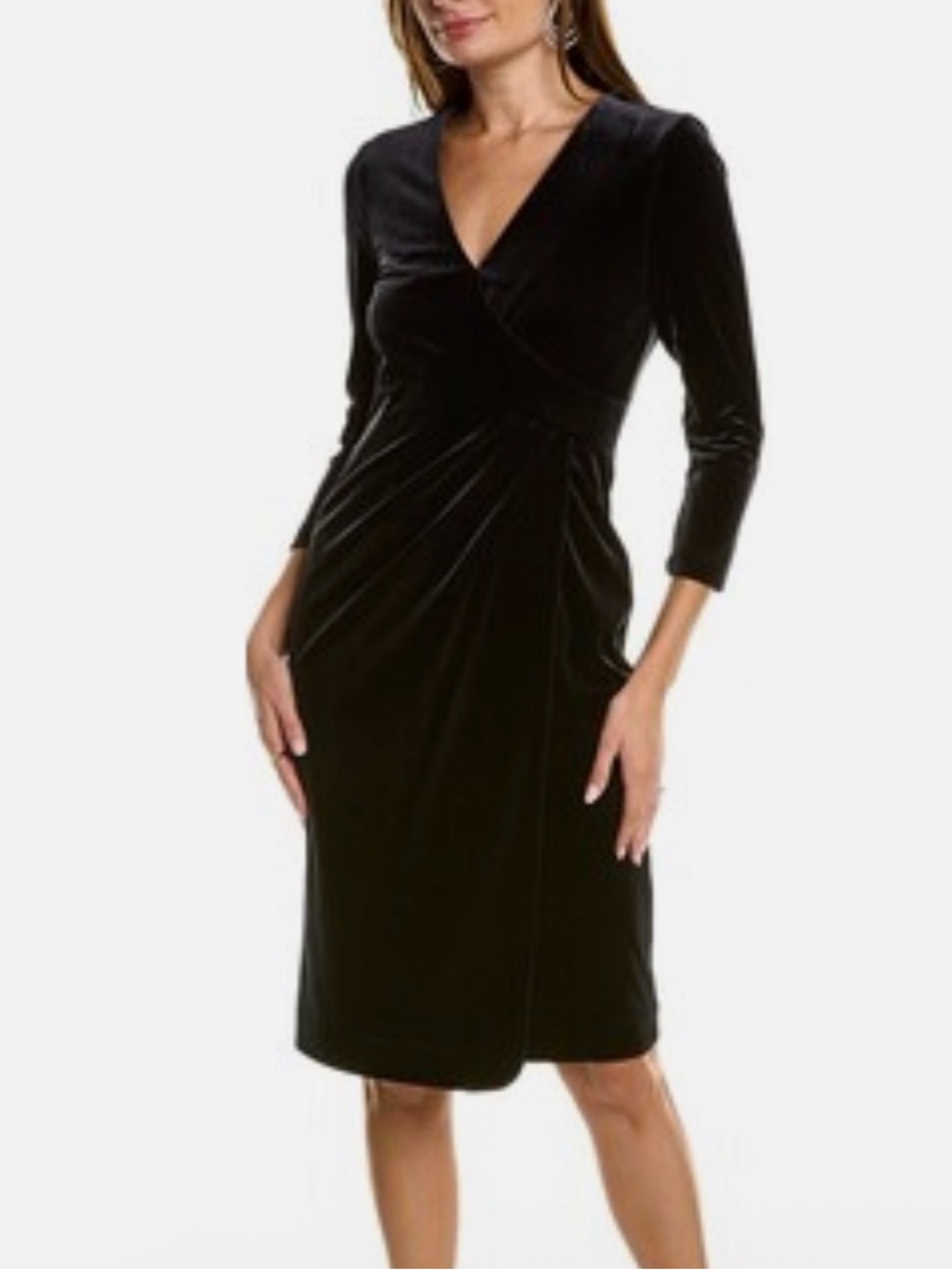 NWT- Brooks Brothers Women Stretch Velvet midi dress Lined Black long Sleeves 16